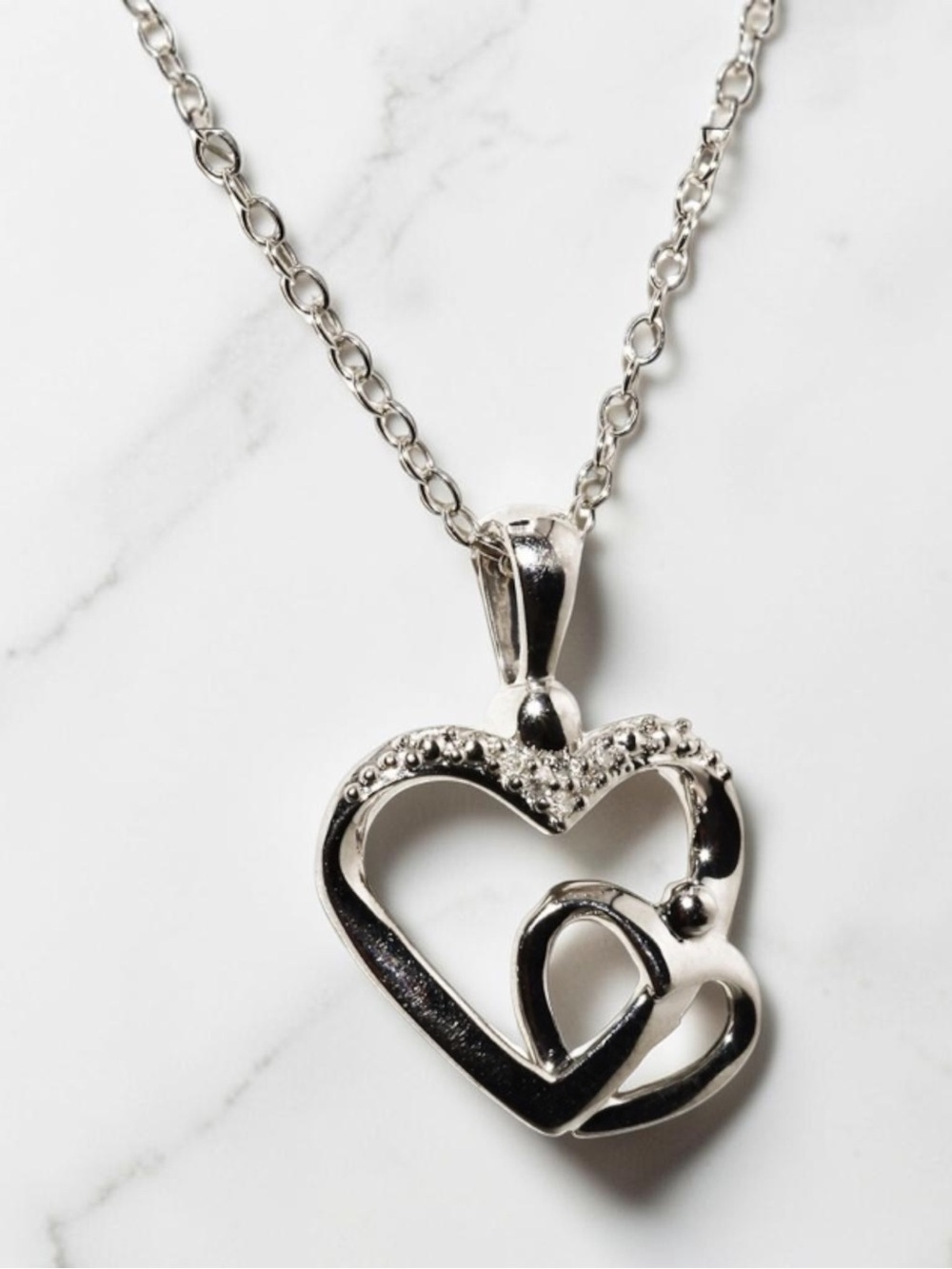 Solid 925 Sterling Silver Natural Diamond Interlocking Heart Necklace 18in NWT - Picture 4 of 8